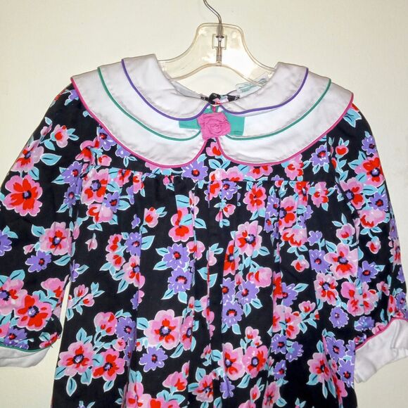 Vintage Tiny Tots Dark Floral Bubble Romper-Size 3T-Snap Crotch-3D Flower Collar - Picture 2 of 10